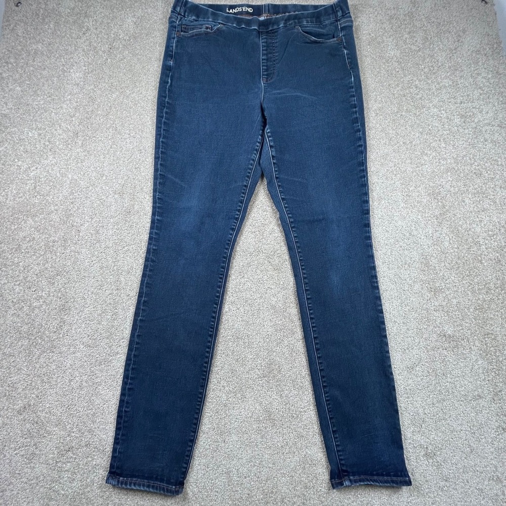 Lands' End Womens Mid Rise Pull On Skinny Jeans Jeggings Dark Wash Size 16 32